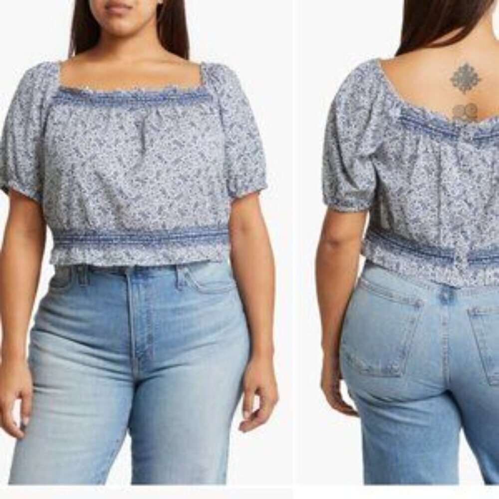 Madewell Jeanette Florentine Floral Top Size 4X Cropped Puff-Sleeve Cotton NWT